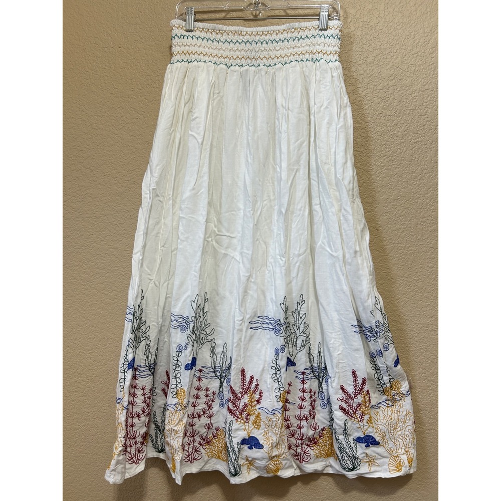 Forgotten Grace XL Coastal Embroidered Smocked Maxi Skirt White Nautical Boho